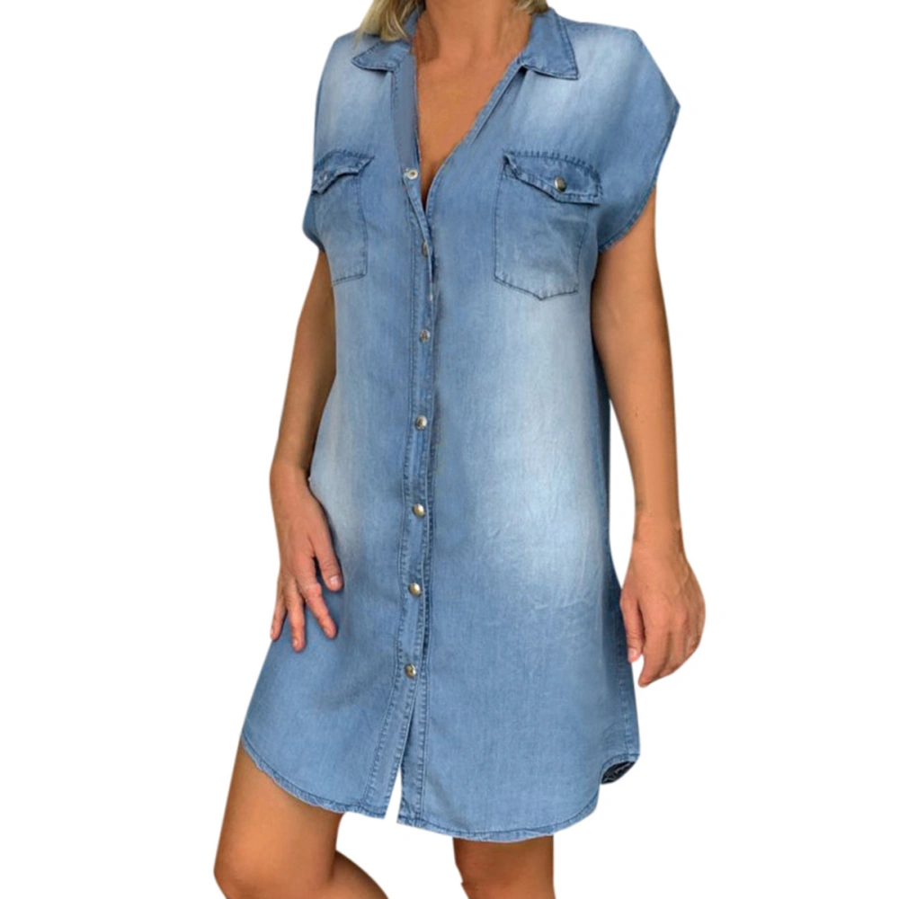 Women Summer Short Sleeve Dress Lapel Single-breasted Solid Denim Sundress