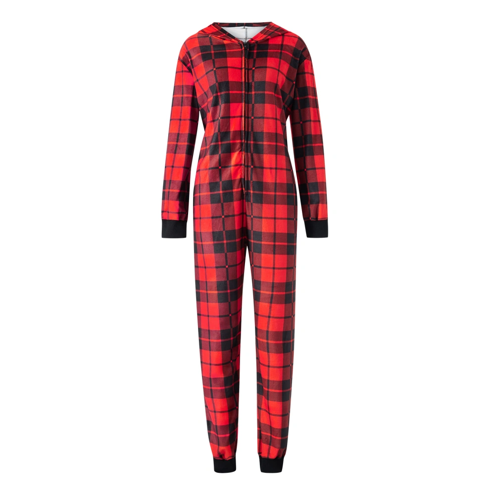 Family Matching Christmas Romper Pajamas Plaid Print Hooded Jumpsuits