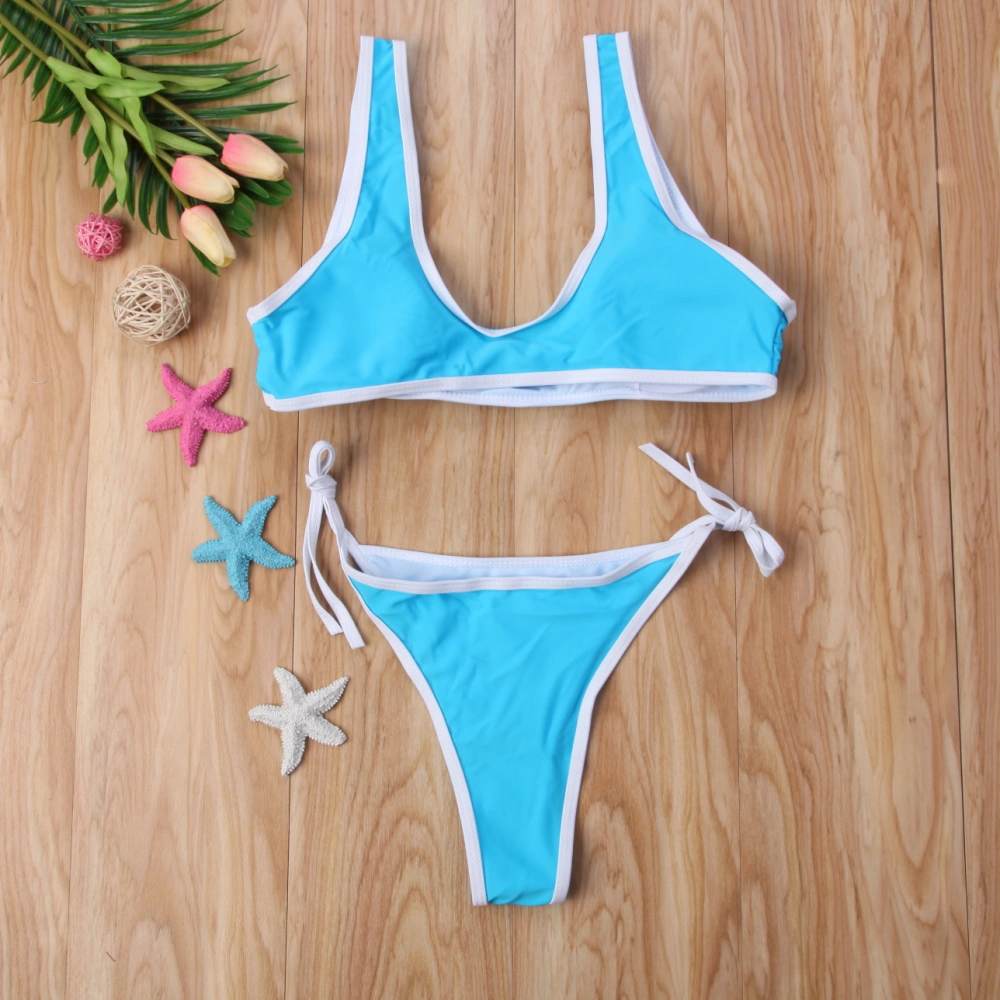 Women Solid Color Split Swimsuit Buckleless Bathing Suit Thong Bikinis