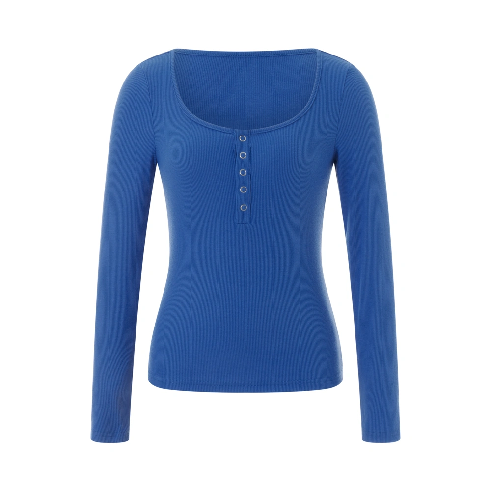 Women's Spring Autumn Blue Long Sleeve Square Neck Button T-shirt