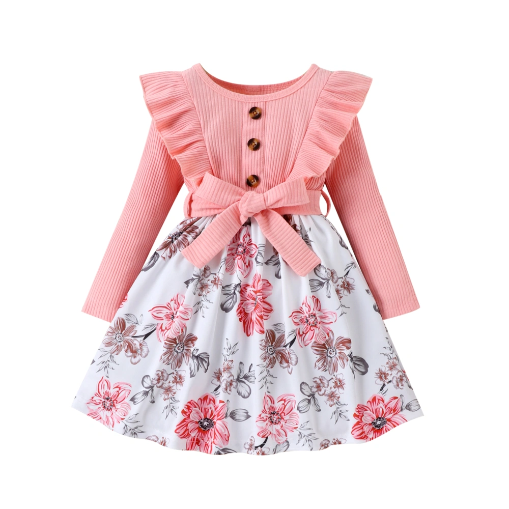 Girls Patchwork Dress Ribbed Flying Sleeve Knit Flower Print Dress