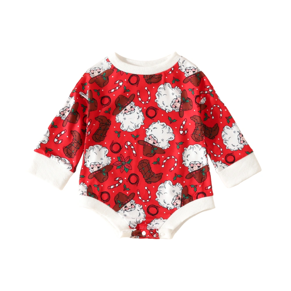 Baby Christmas Romper Long Sleeve Crew Neck Santa Pattern Bodysuit