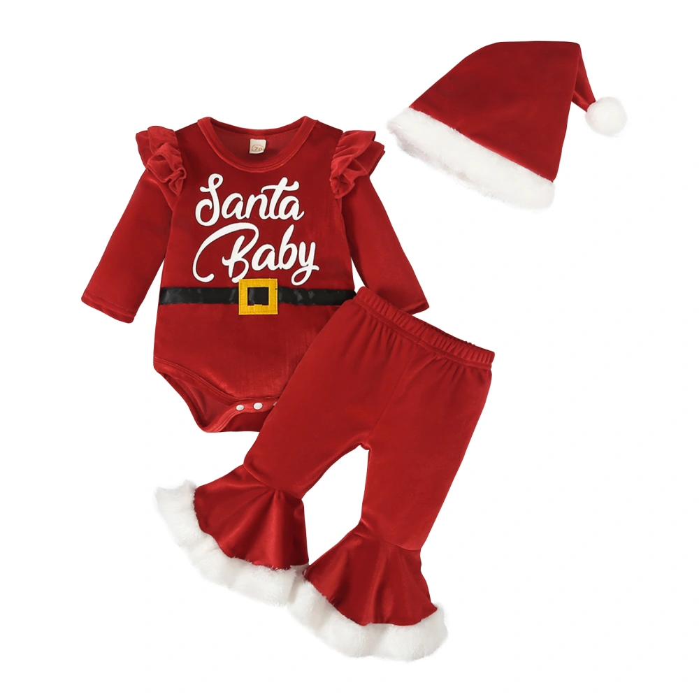 Baby Girls Christmas Outfits Long Sleeve Romper Flare Pants Hat Set