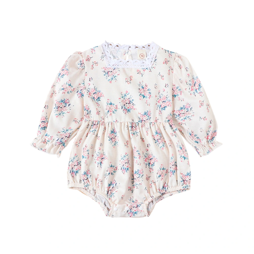 Baby Girl Bubble Romper Long Puff Sleeve Lace Trim Floral Bodysuit