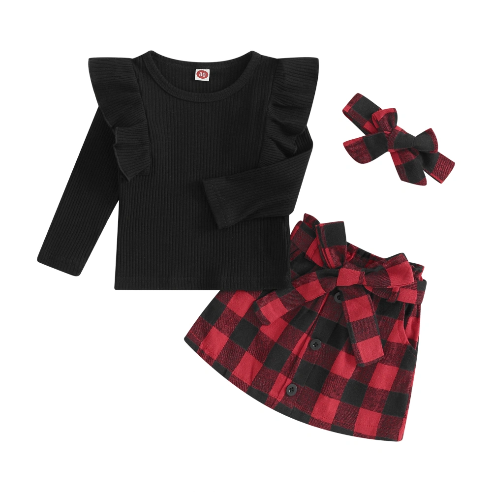 Kids Girl 3 Piece Outfit Casual Ribbed Tops and Plaid Skirt Headband 