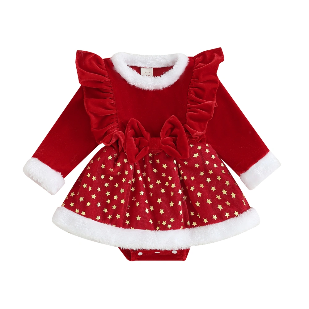 Baby Girl Christmas Romper Ruffle Long Sleeve Star Skirt Bodysuit