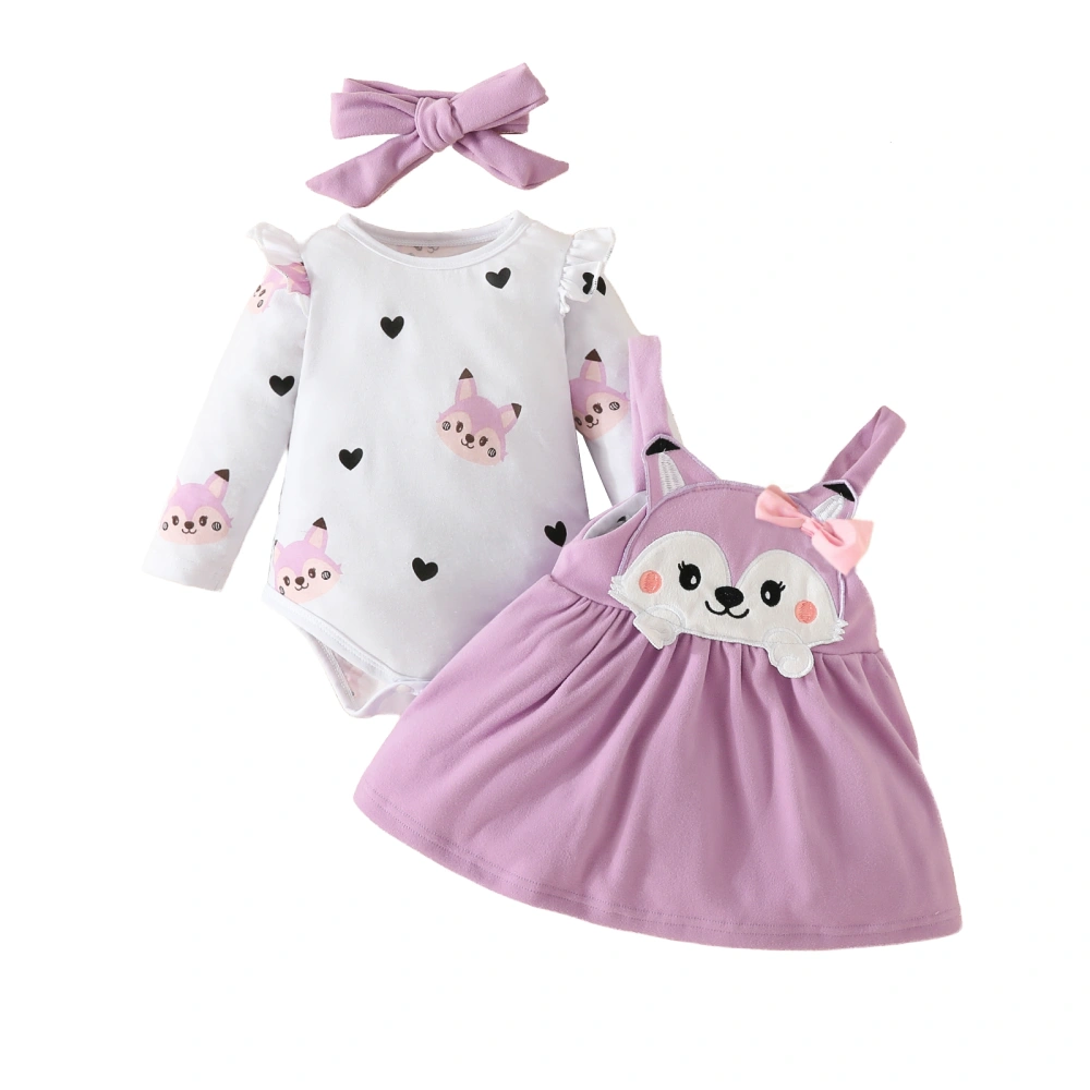 Baby Girl's Ruffle Fox Print Romper Suspender Skirt Headband Set