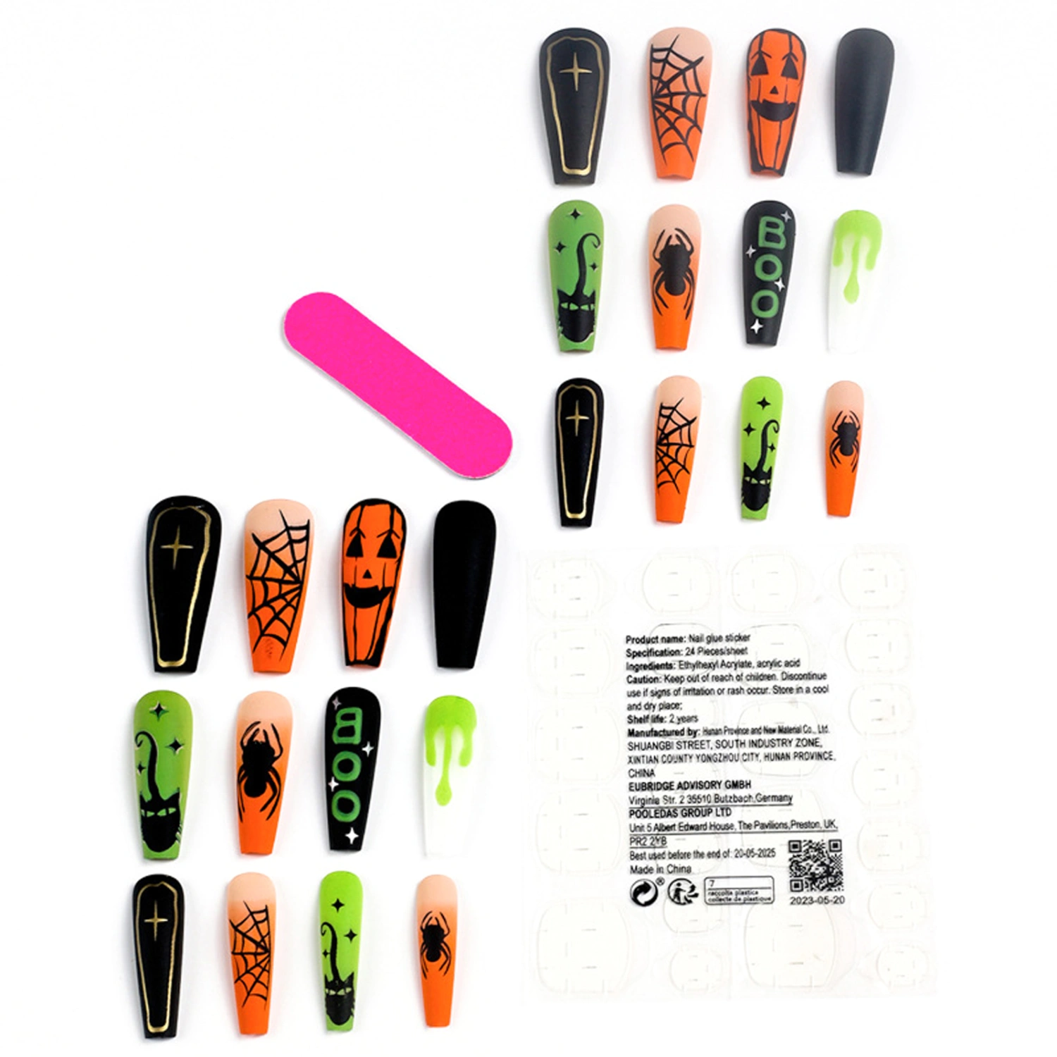Halloween Press on Nails 24Pcs Long Square Nails with Coffin Designs