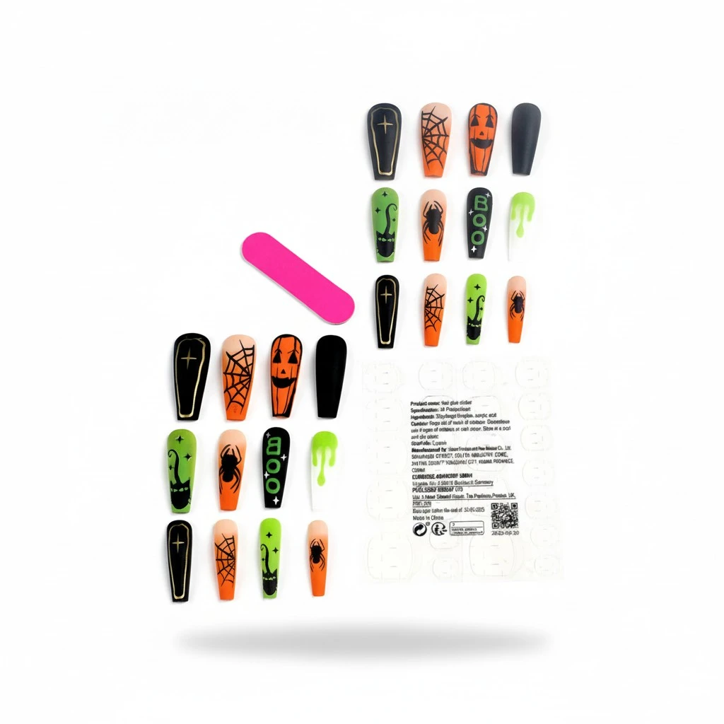 Halloween Press on Nails 24Pcs Long Square Nails with Coffin Designs