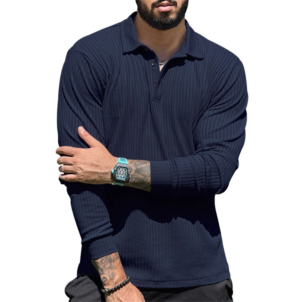 Men's Summer Long-Sleeve T-shirt, Solid Turn-Down Collar Slim Tops