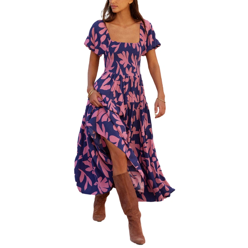 Women's Summer Short Sleeve Square Neck A-line Midi Floral Dress