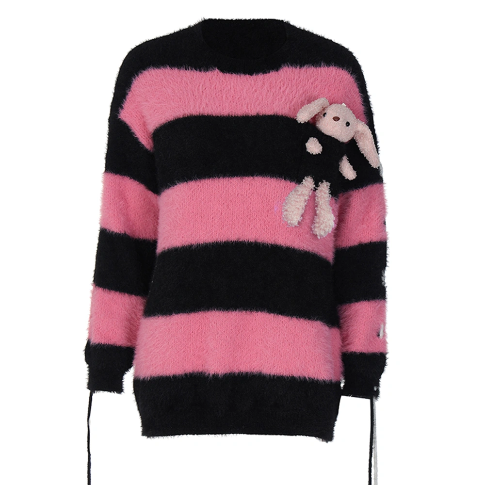 Women's Bunny Sweaters Cute Long Sleeve Round Neck Striped Pullover