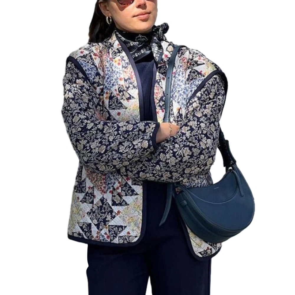 Women's Floral Puffer Jacket Winter Warm Stand Collar Quilted Coat