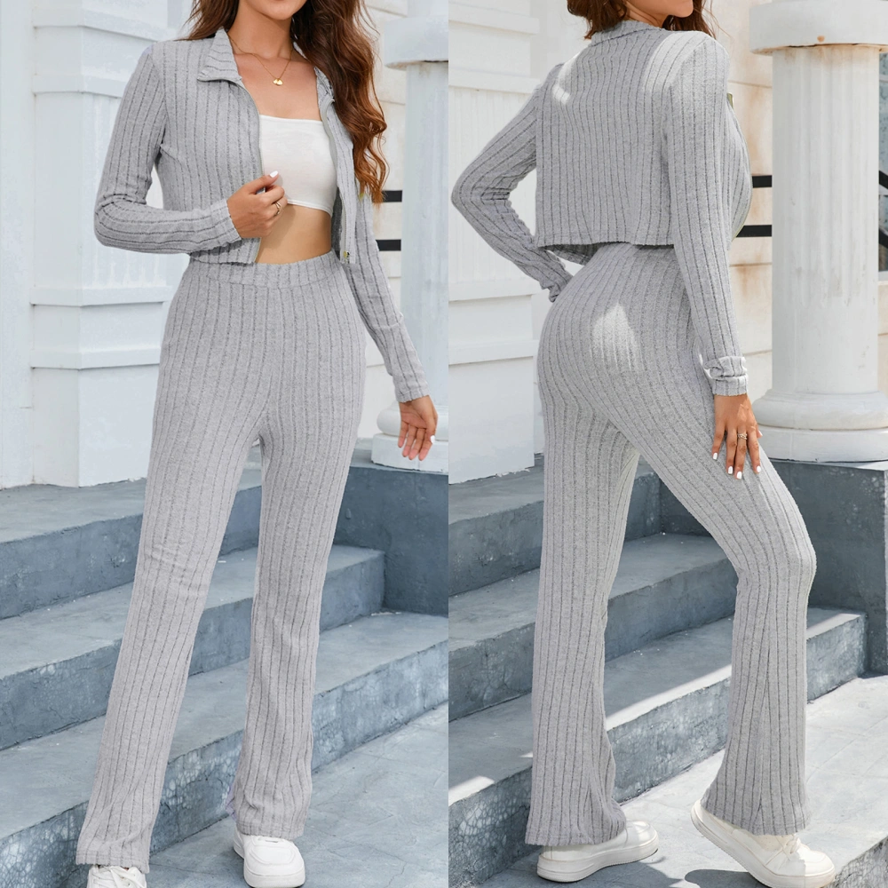 Women's Outfits Long Sleeve Crop Jacket + High Waist Wide Leg Pants