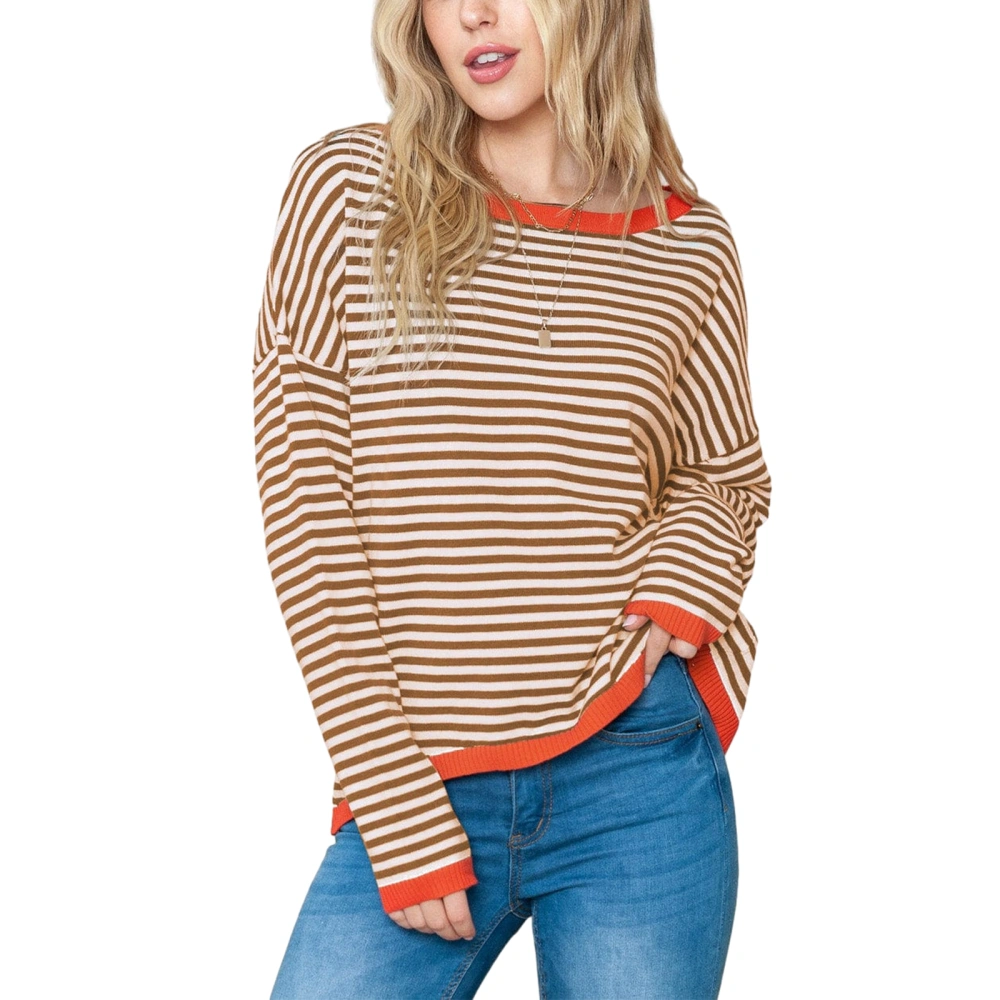 Women's Spring Long Sleeve Crewneck Casual Striped Knit Sweater