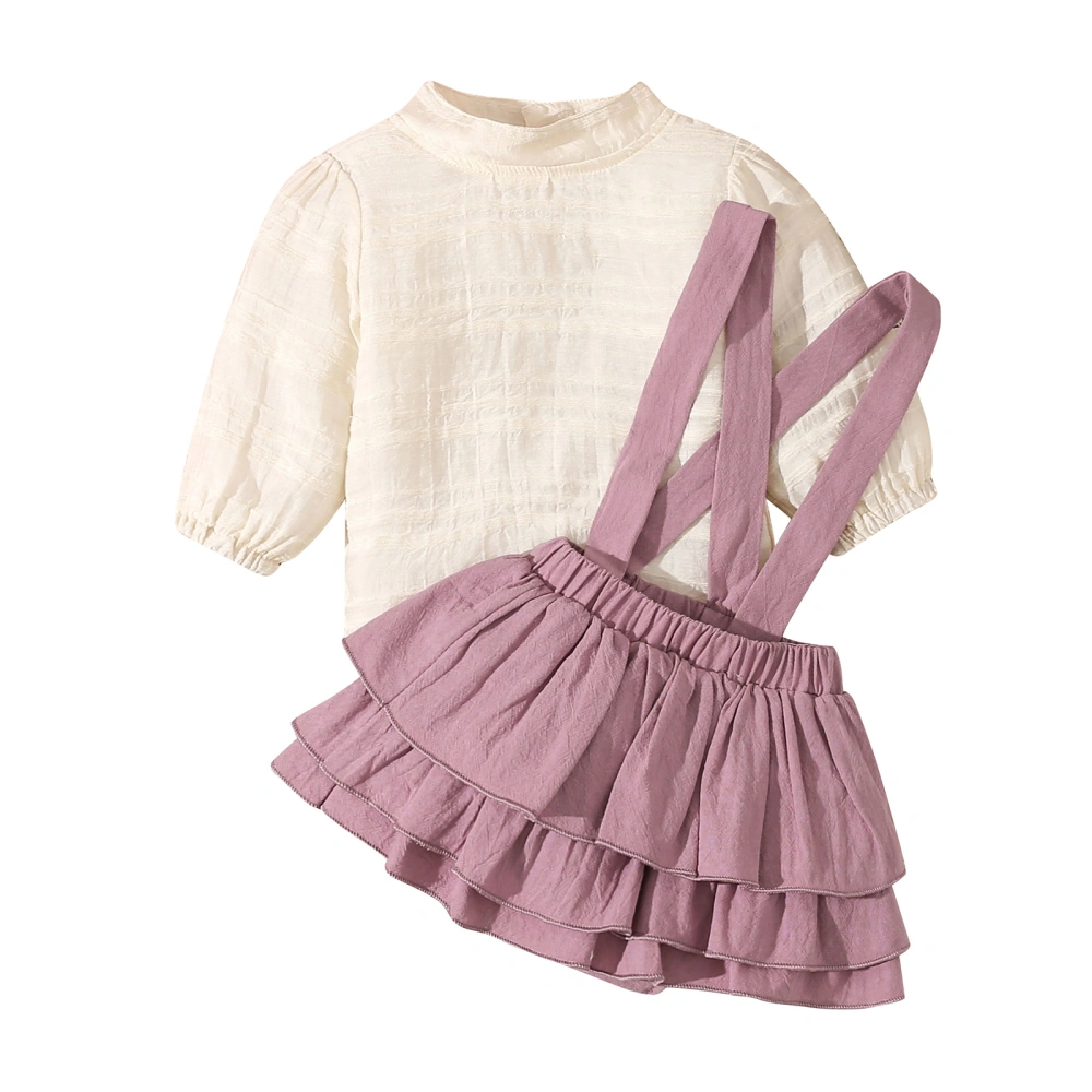 Infant Girl Solid Jacquard Long Sleeve Tops Ruffled Suspender Shorts 