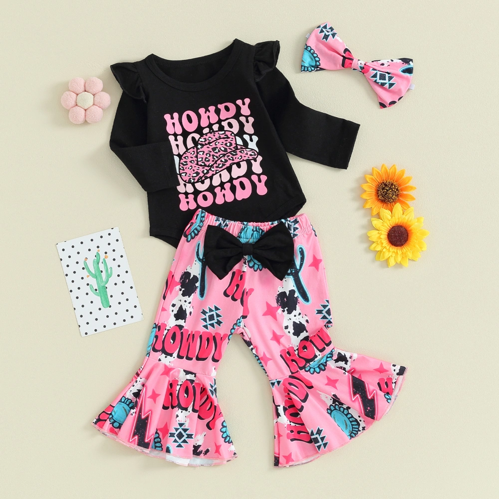 Baby Long Sleeve Letter Print Romper Cow Print Pants Headband Set