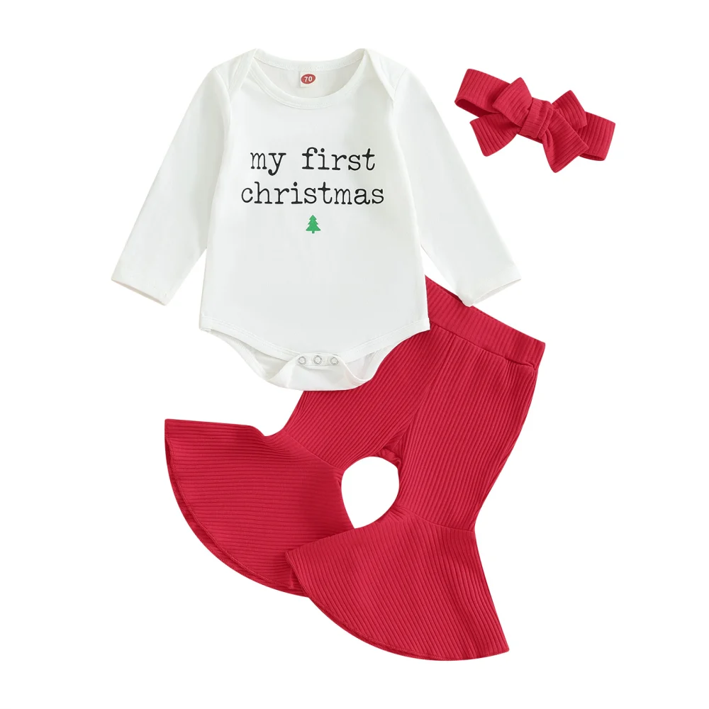 Baby Girls Letter Print Romper and Flared Ribbed Pants Headband