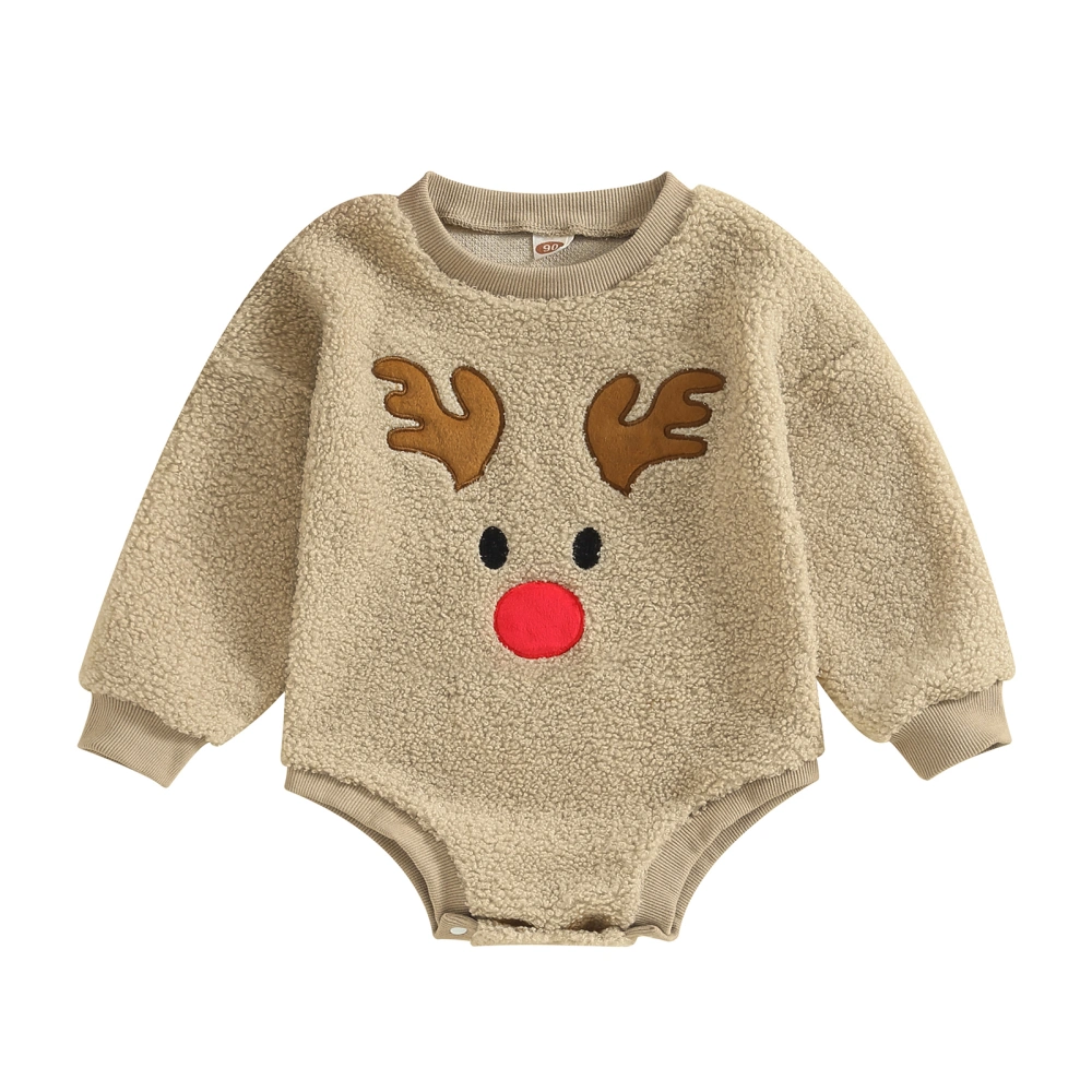 Baby Fleece Romper Long Sleeve Round Neck Reindeer Embroidery Bodysuit