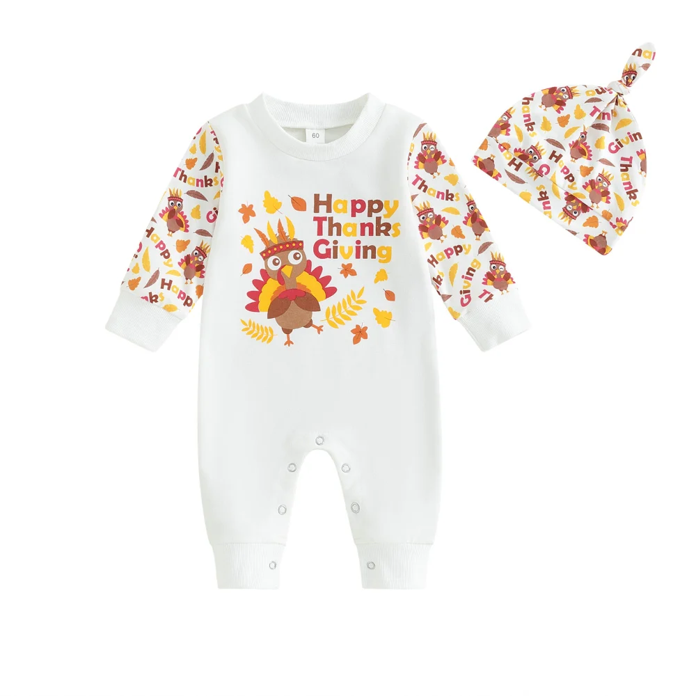 aby Long Sleeve Rompers Infant Thanksgiving Turkey Print Bodysuit Hat