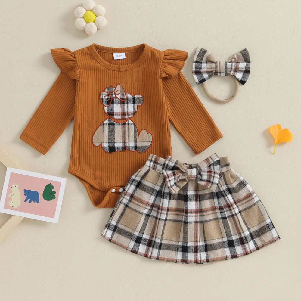 Baby Girls 3 Piece Outfit Bear Pattern Romper and Plaid Skirt Headband