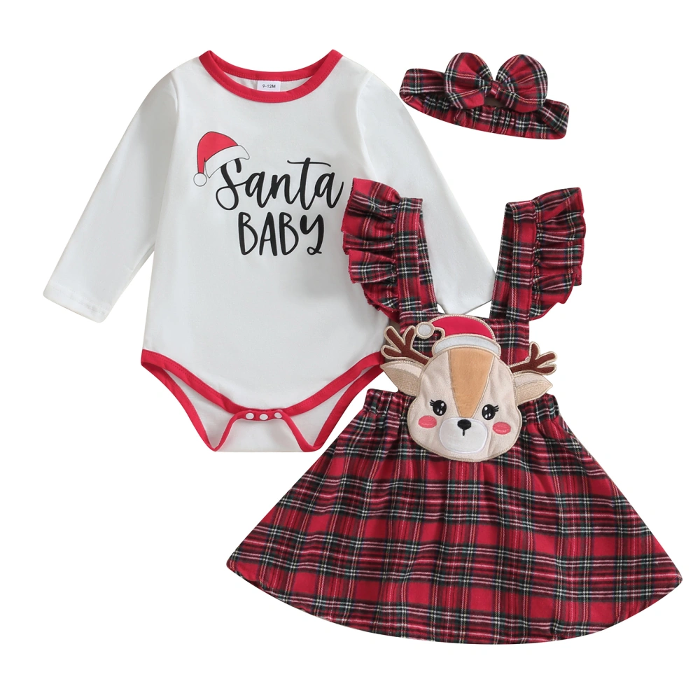 Baby Girls Christmas Outfit, Letters Romper Elk Plaid Dress Headband