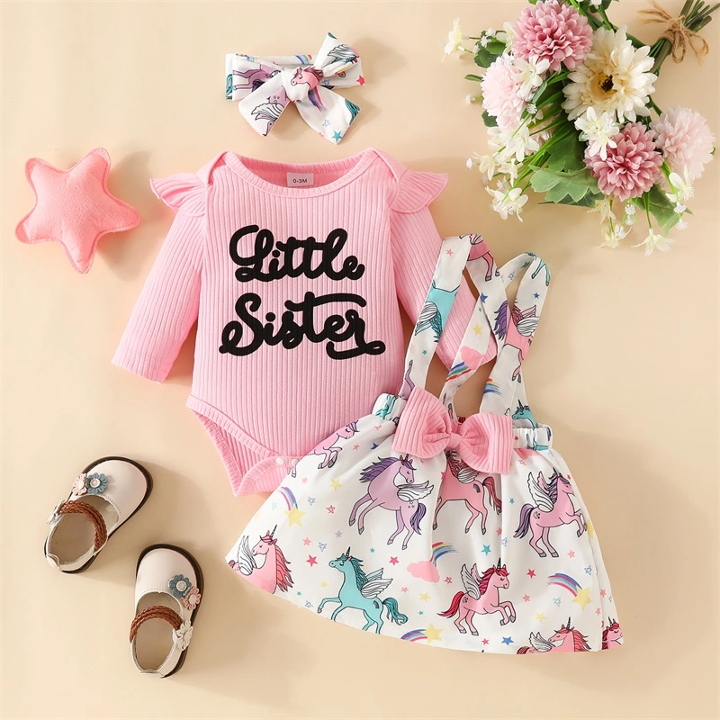 Baby Girls 3 Piece Outfit Romper and Suspender Skirt Headband