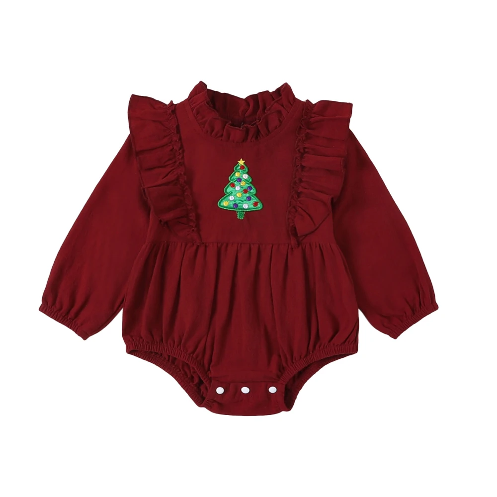 Baby Girls Red Long Sleeve Christmas Tree Embroidery Ruffle Romper