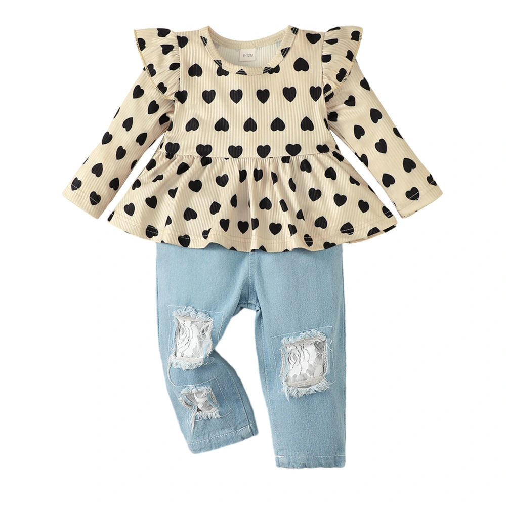 Kids Girls Fall Outfits Heart Print Crew Neck Tops Ripped Jeans Set