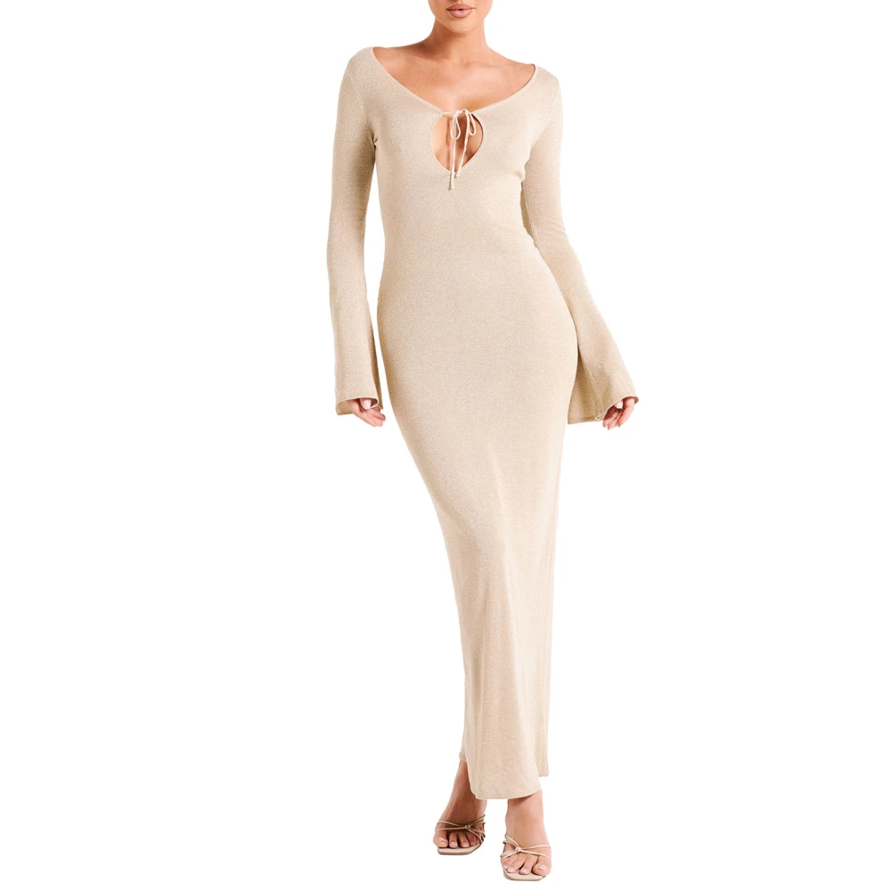 Women Long Bodycon Dress Glitter Tie-Up Hollow-Out Long Sleeve Dress