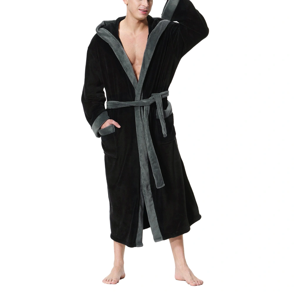 Men Dressing Gown Robe Patchwork Long Sleeve Flannel Bathrobe