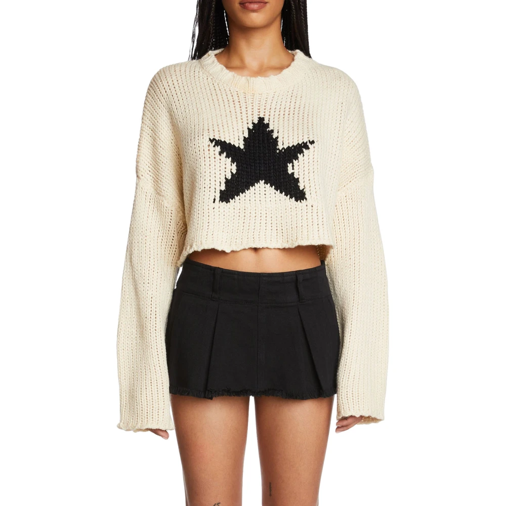 Women Vintage Cropped Sweater Star Pattern Knit Pullover Tops