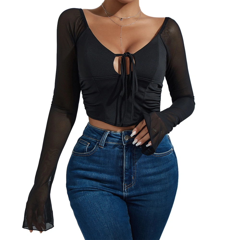 Women V Neck Shirt Trendy Long Sleeve Slim Fit Crop Tops