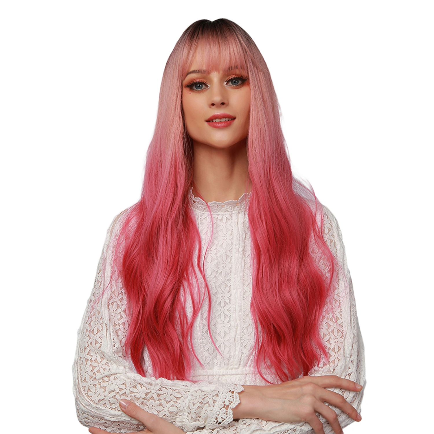 Women Girl Synthetic Fiber Wig Black Gradient Pink Curly Wig with Bang