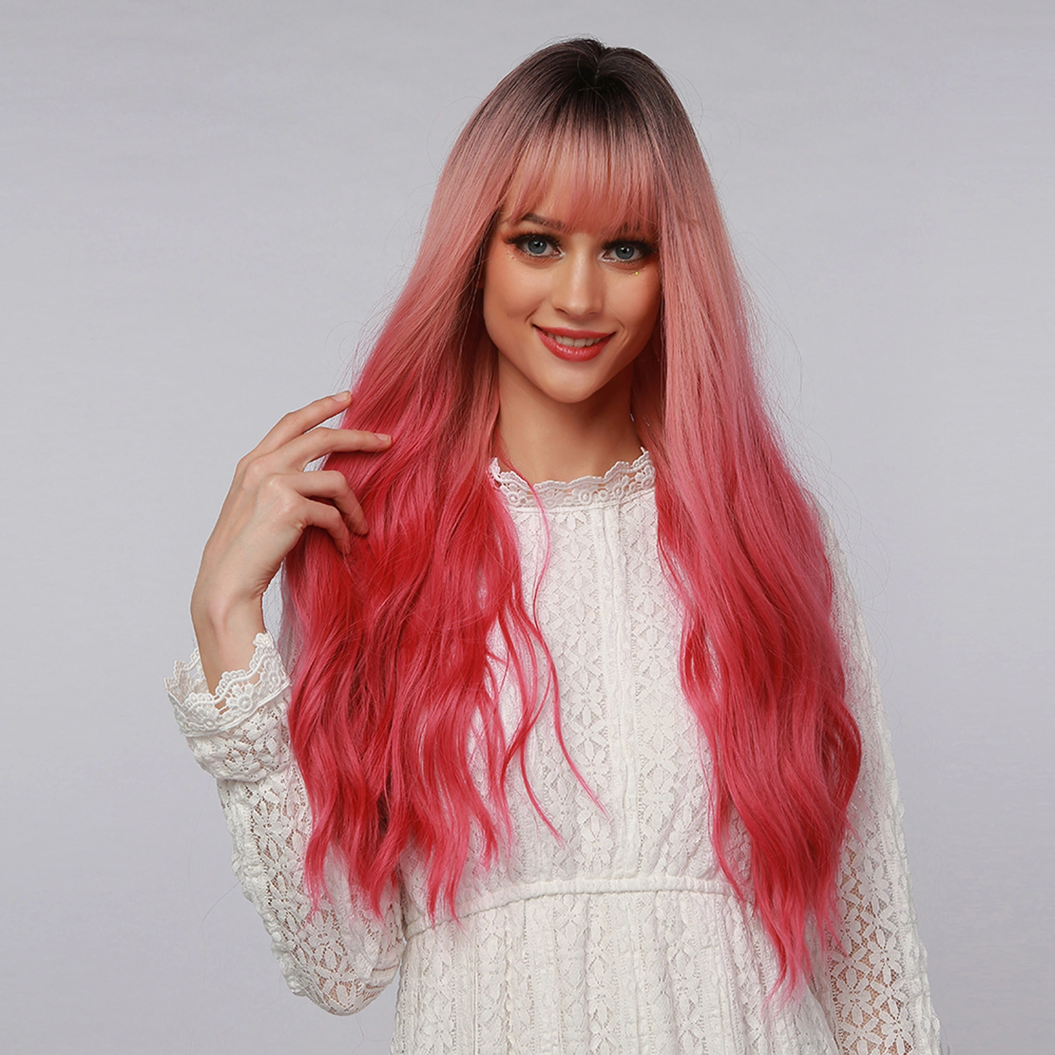 Women Girl Synthetic Fiber Wig Black Gradient Pink Curly Wig with Bang