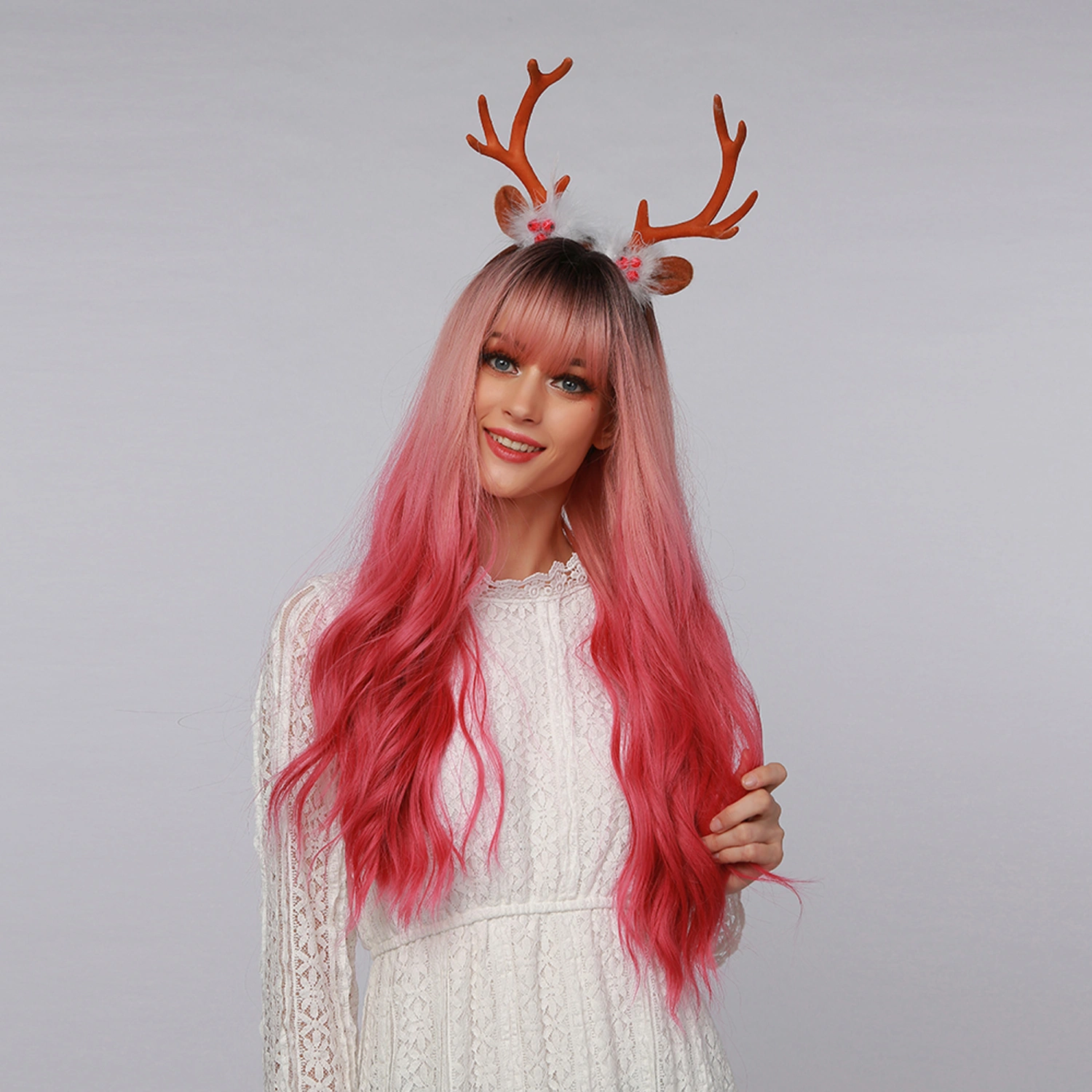 Women Girl Synthetic Fiber Wig Black Gradient Pink Curly Wig with Bang