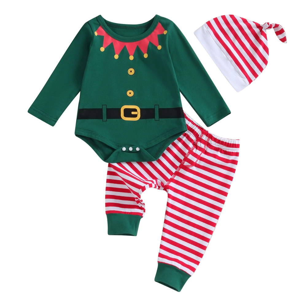 Baby Christmas Outfit, Long Sleeve Romper with Striped Pants Hat