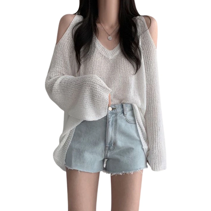 Women's Cold Shoulder Sweaters Long Sleeve V Neck Knit Pullovers