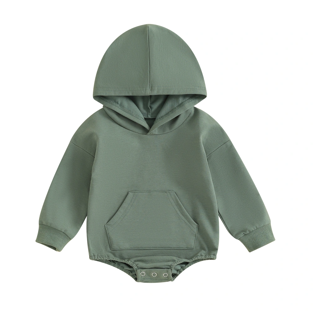 Baby Hooded Romper Long Sleeve Front Pocket Solid Color Bodysuit