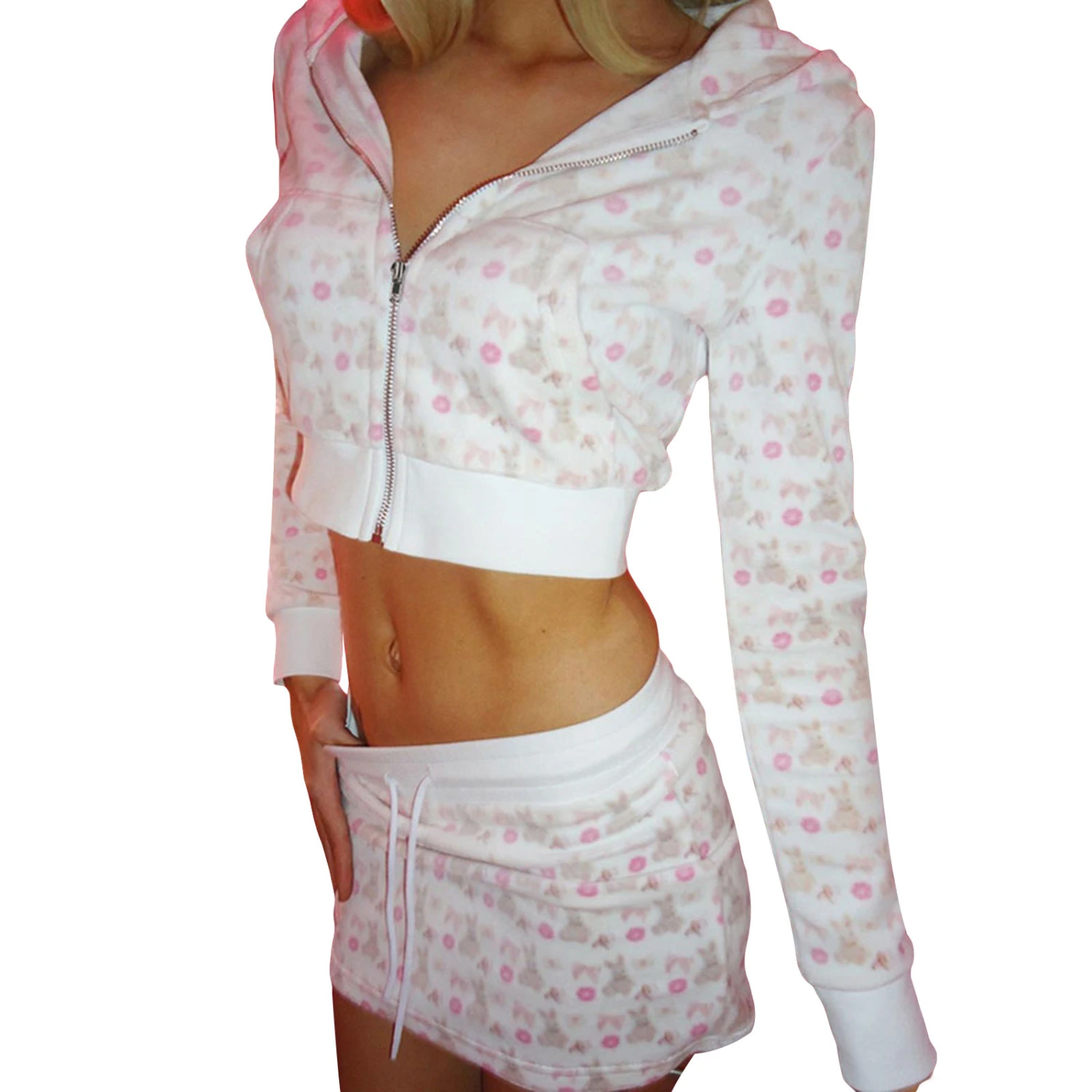 Women’s 2 Piece Fall Outfits Bunny Floral Print Crop Hoodie+Mini Skirt