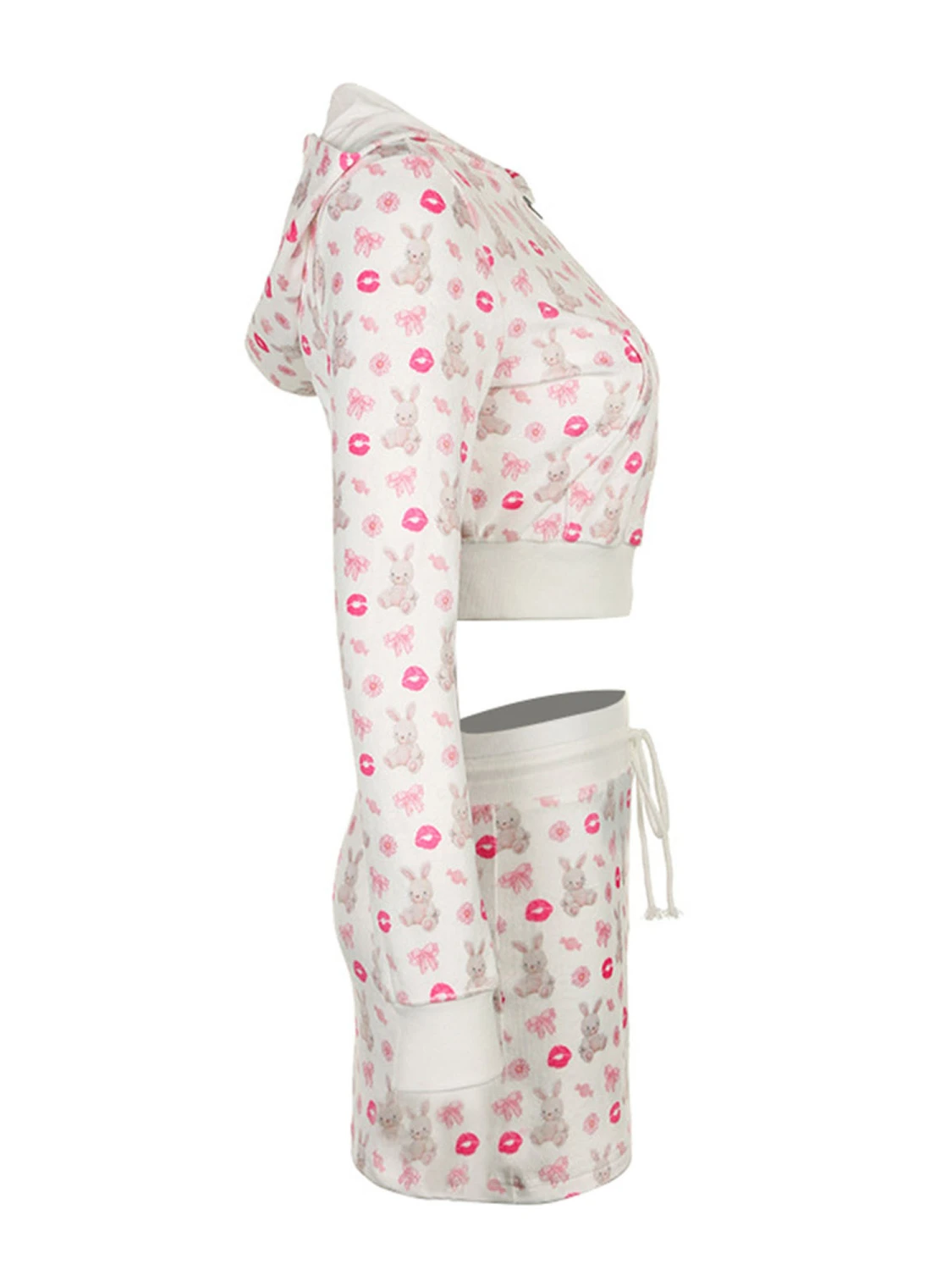 Women’s 2 Piece Fall Outfits Bunny Floral Print Crop Hoodie+Mini Skirt