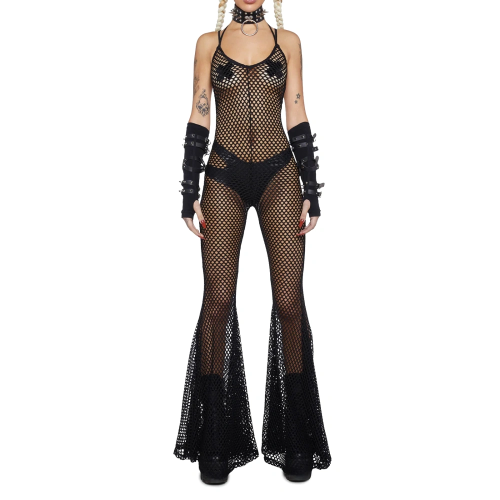 Women Fishnet Jumpsuit, Sleeveless Halterneck Backless Sheer Clubwear