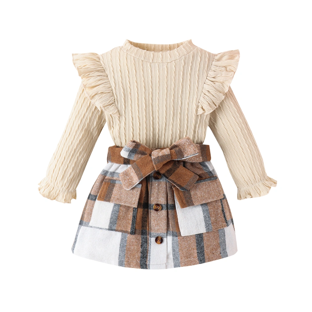 Girls Fall Outfits Solid Color Long Sleeve Tops Plaid Skirts with Belt