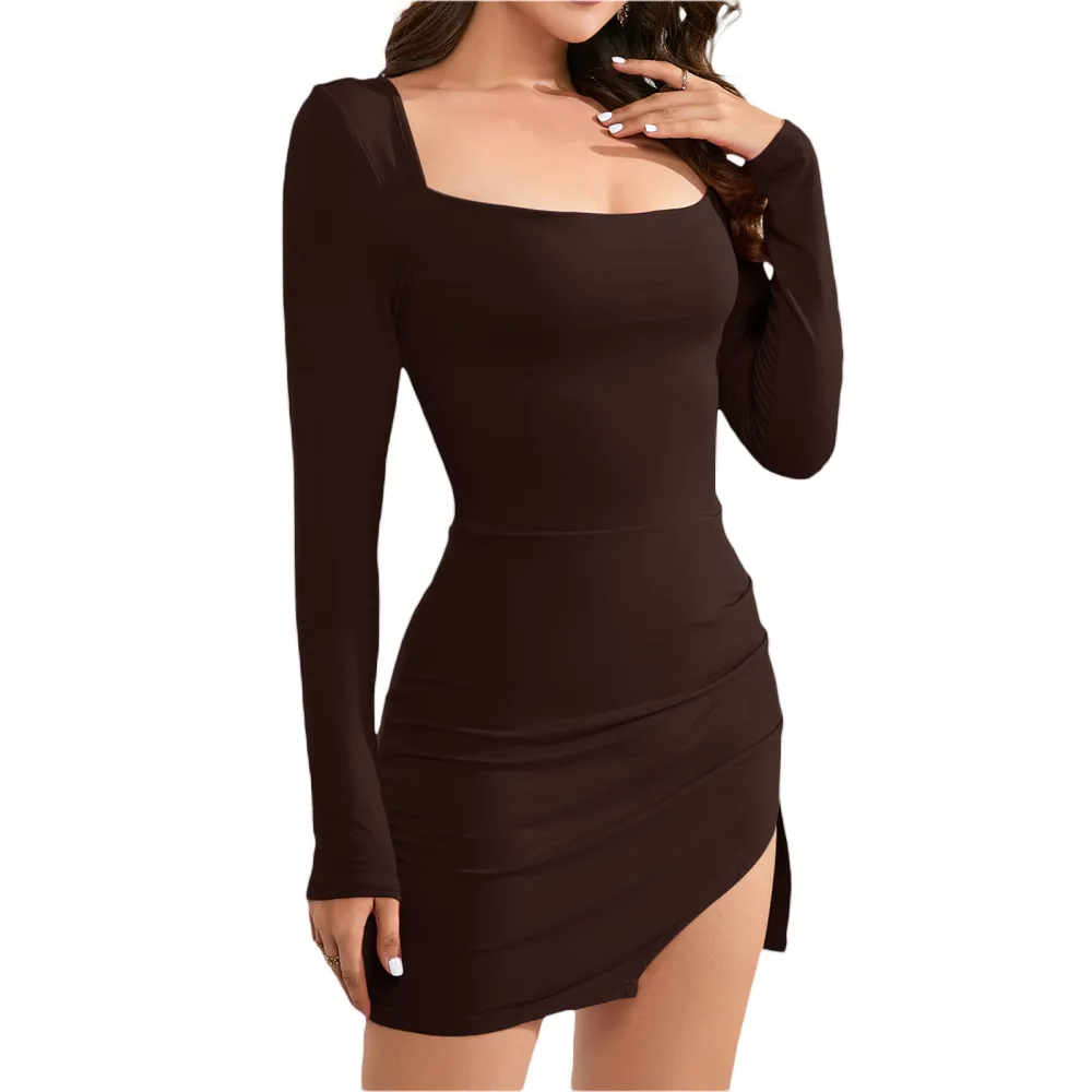 Women Bodycon Dress, Long Sleeve Backless Tie-up Solid Slit Mini Dress