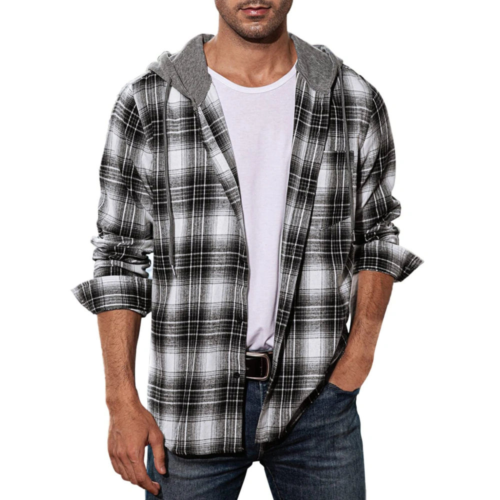 Men's Autumn Long Sleeve Hooded Plaid Tops Button Shirts for Party