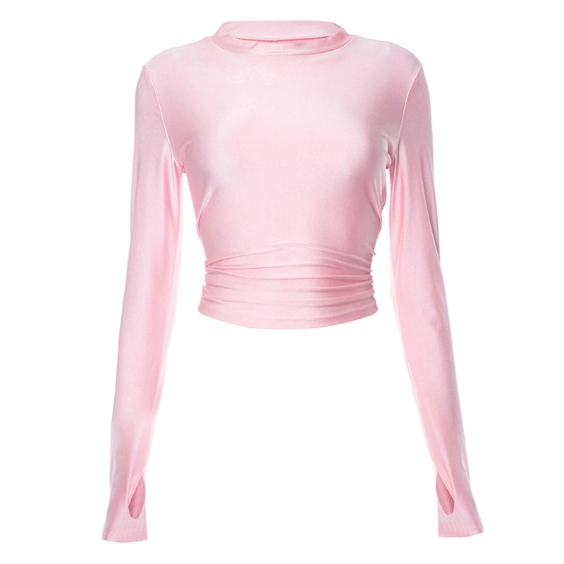 Women's Spring Pink Long Sleeve Crewneck Short Slim Fit T-shirt