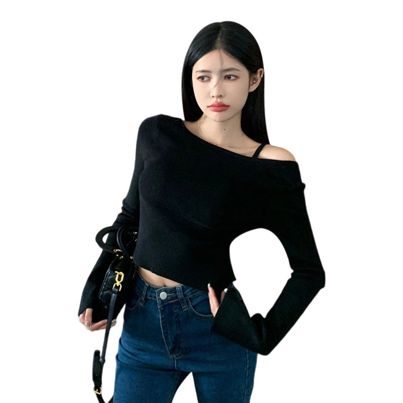 Women’s Knit Crop Tops Basic Long Sleeve V Neck Cross Tie-up T-Shirts