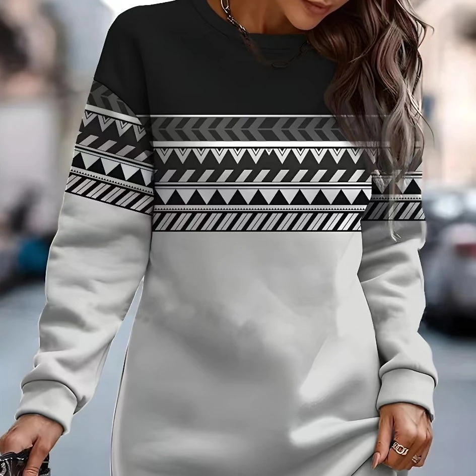 Summer Printed Dress Floral Round Neck Long Sleeve Skirt