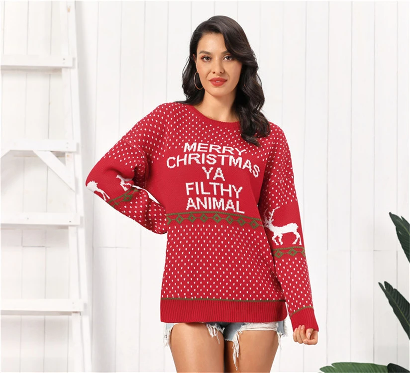 Christmas Women's Knitwear Letter Deer Loose Plus Size Mid-length Sweater