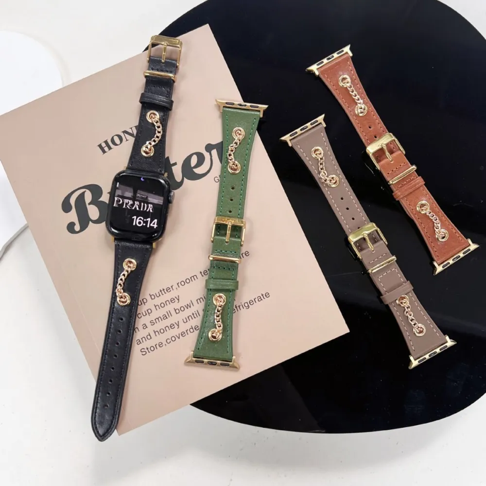 American Retro Design Clinch Metal Chain Cow Leather Watch Strap